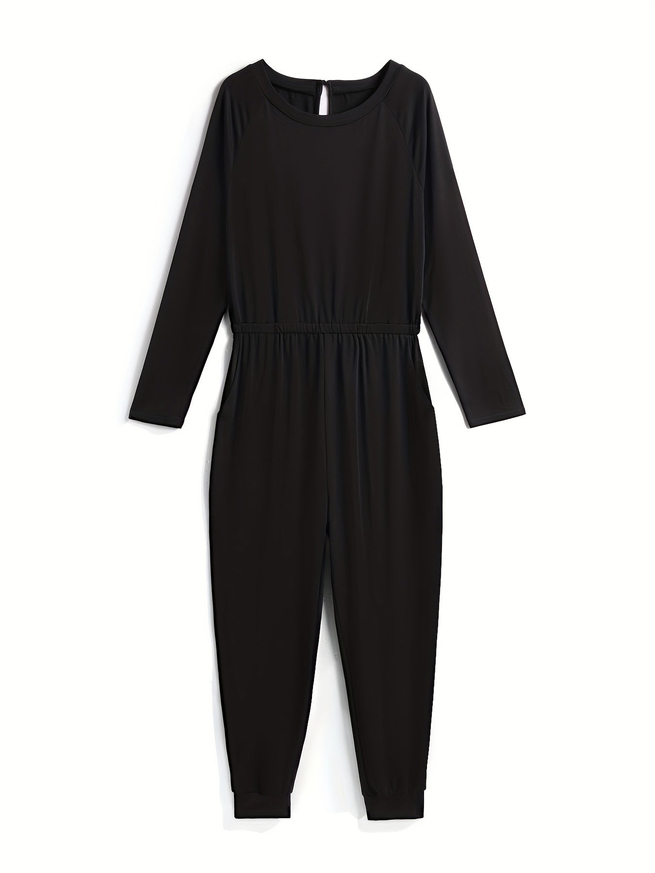 Solid Cinched Waist Jumpsuit Casual Long Sleeve Jumpsuit For Spring & Fall