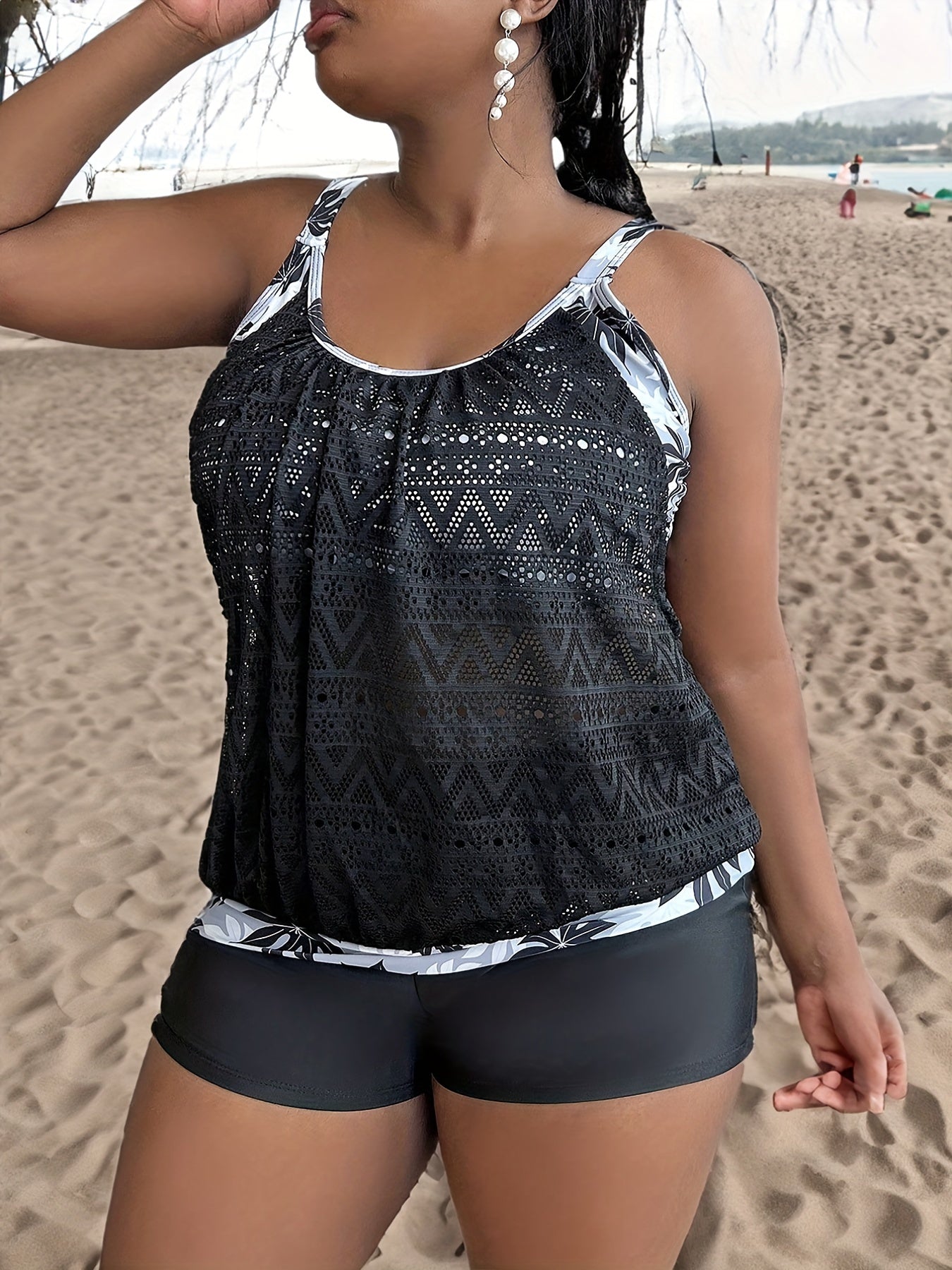  Colorblock Leaf Print Tankini Set