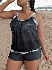  Colorblock Leaf Print Tankini Set