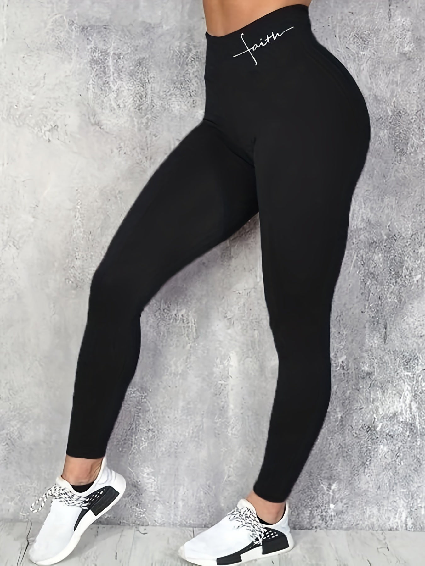  Women's High Waist Yoga Leggings, Letter Print Slim Fit