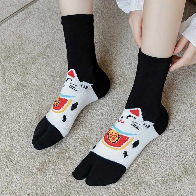 2 Pairs Cartoon Cat Print Toe Socks for Women