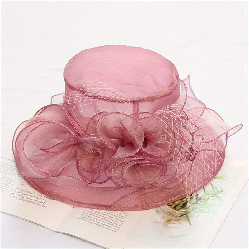 Wide Brim Organza Sun Hat Mesh Flower Breathable Derby Hat