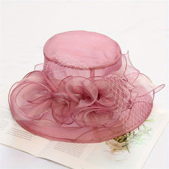 Wide Brim Organza Sun Hat Mesh Flower Breathable Derby Hat