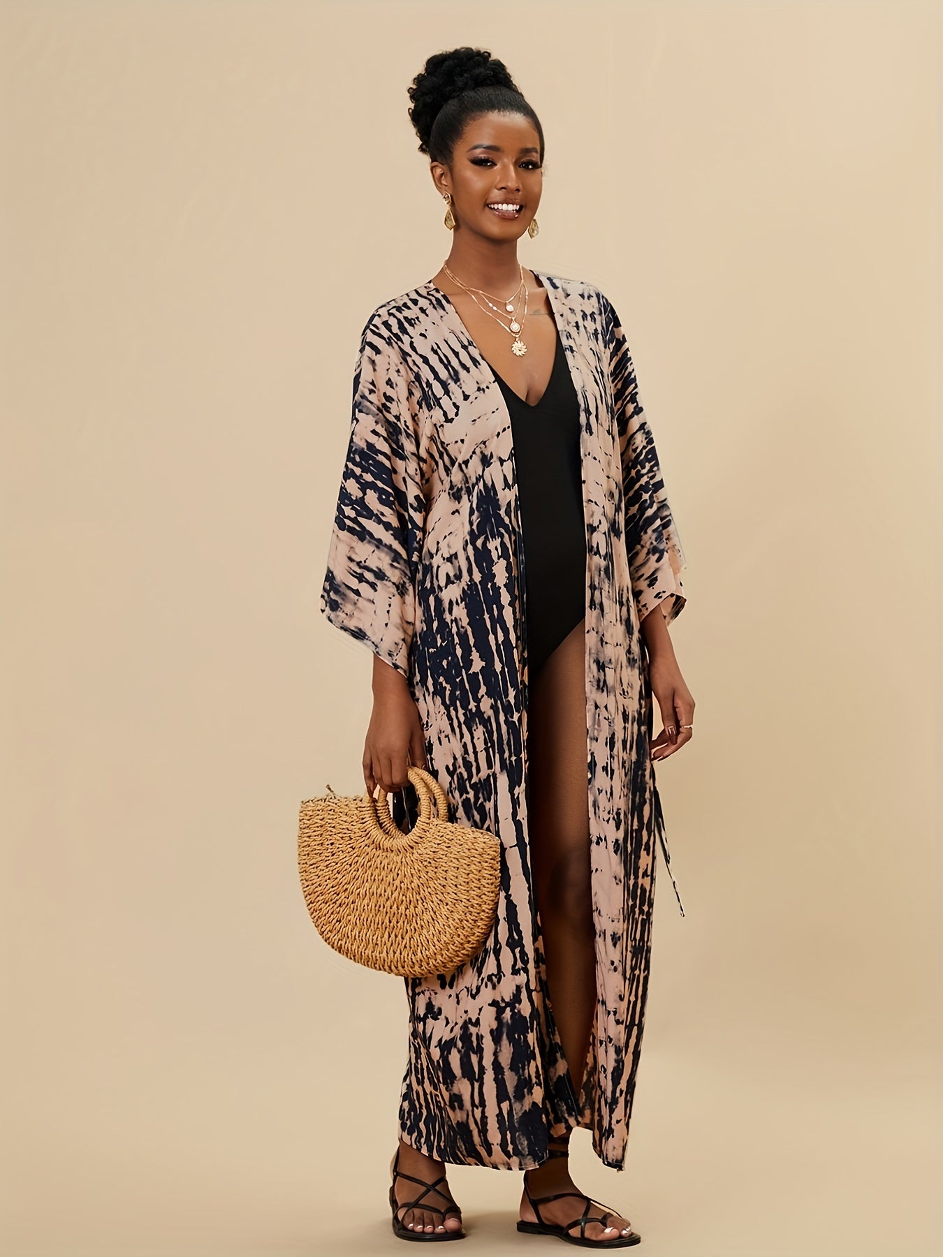 Tie Dye Cover Up Shirt V Neck Loose Fit Long Sleeves Beachwear Kimono