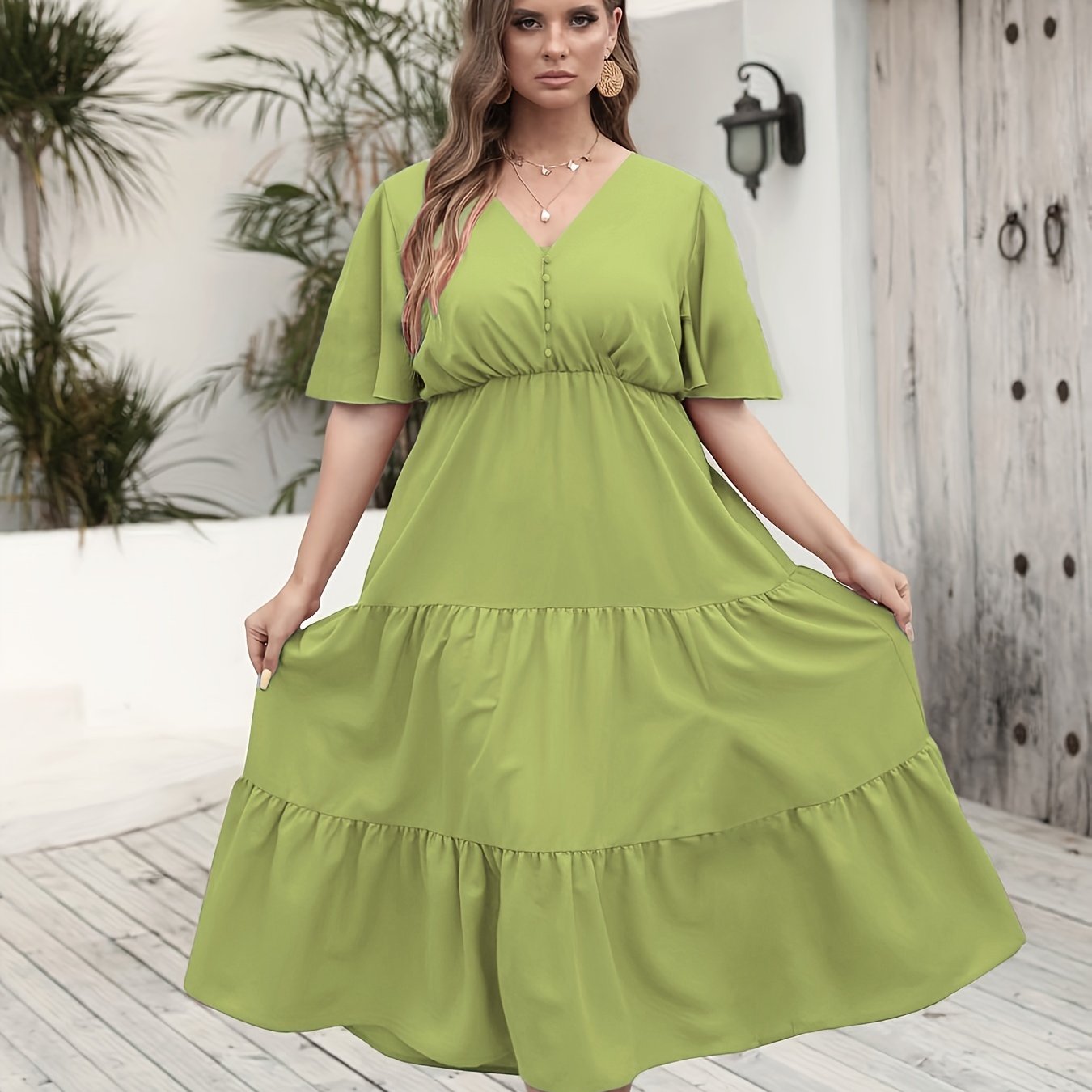  V Neck Flutter Sleeve Pom Pom Ruched Dress