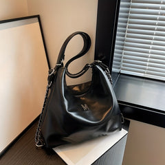 Metal Chain Large Capacity Tote Bag PU Leather Textured Shoulder Bag