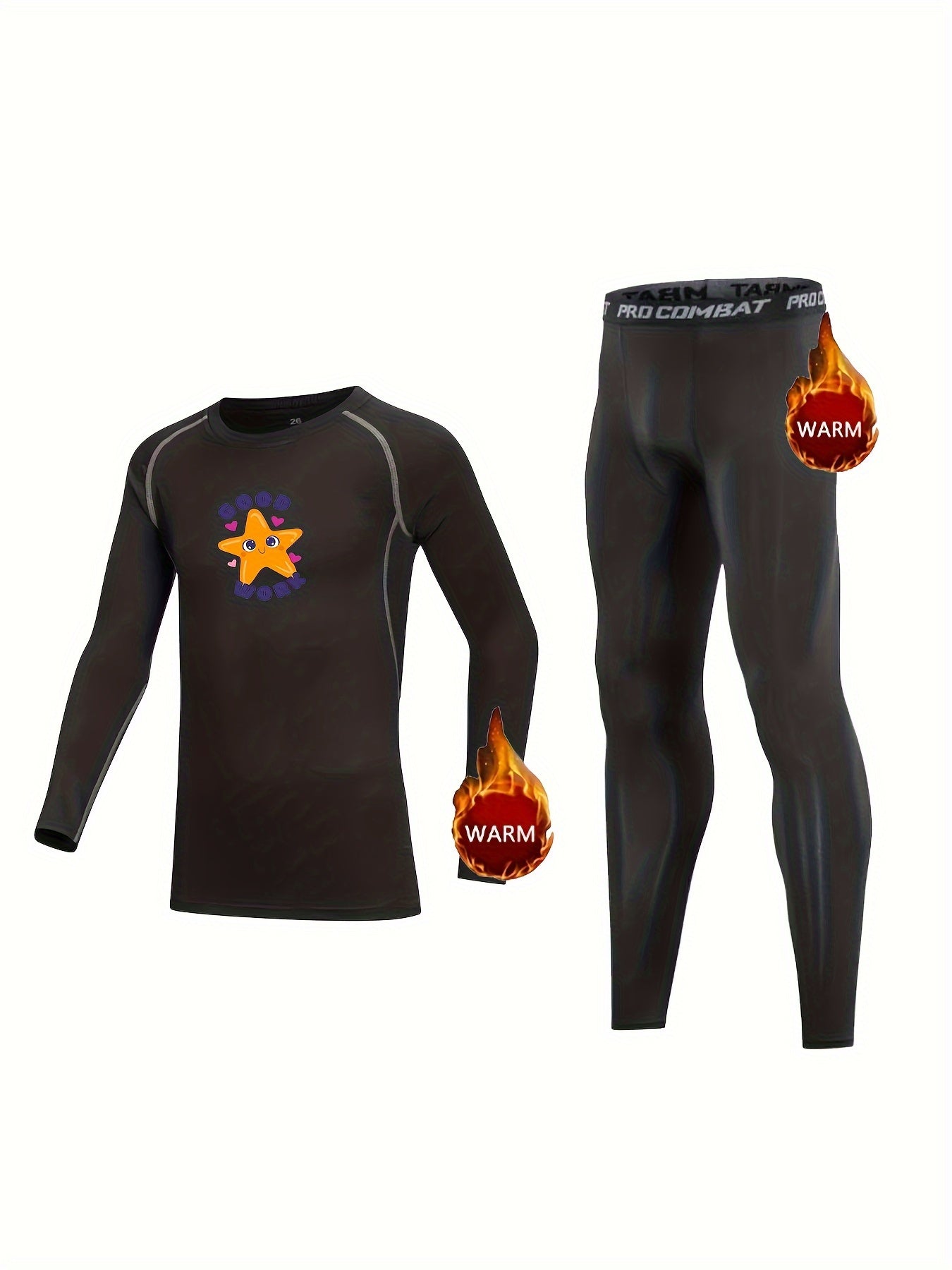 2pcs Kids Compression Fleece Sets Cartoon Pattern Long Sleeve Crew Neck Pullover