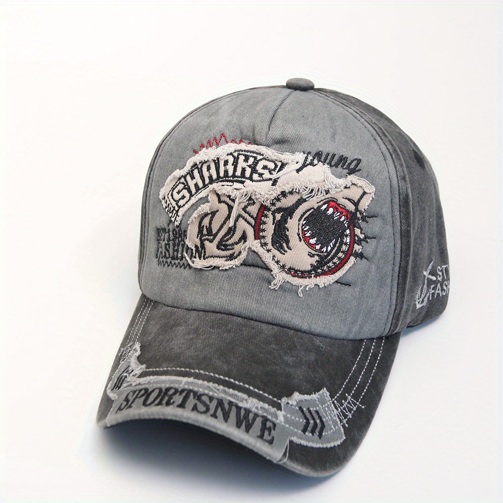 Vintage Washed Embroidery Shark Letter Baseball Cap Men's Sun Visor