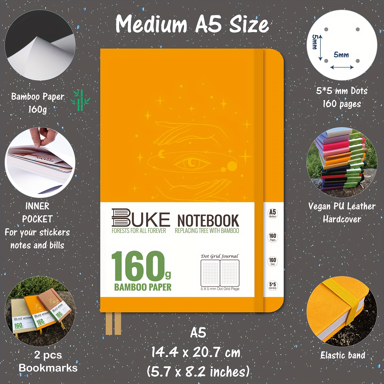 A5 Dot Grid Notebook Journal 160gsm Bamboo Paper 160 Dotted Pages