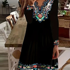  Floral Print Long Sleeve V-Neck Dress