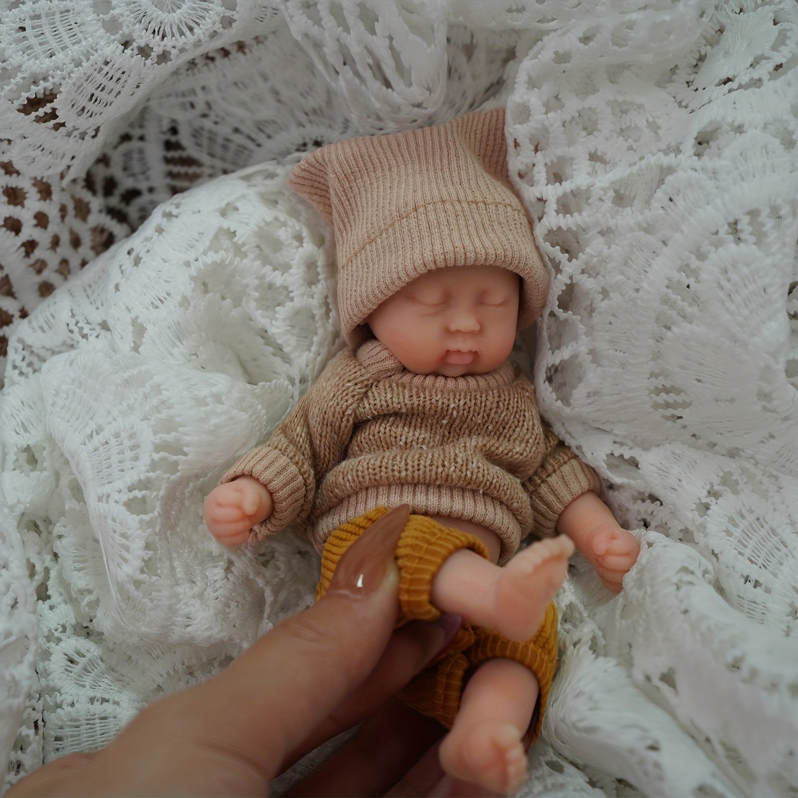 6 Inch Mini Reborn Doll with Hand Painted Light Beige Washable Silicone Body