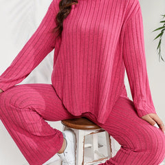  Ribbed Top & Wide Leg Pants Set Long Sleeve Turtleneck