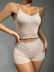 Textured Pajama Set Crew Neck Cami Top & Stretchy Shorts Women's Sleepwear