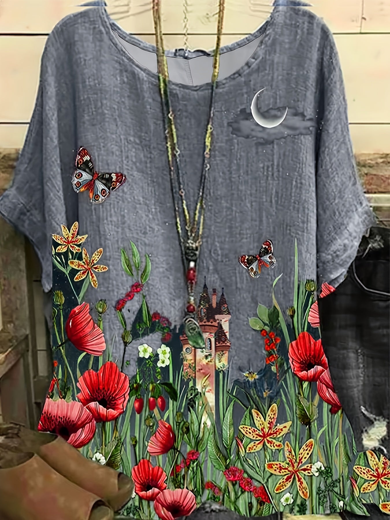  Tie Dye Floral & Butterfly Print Blouse