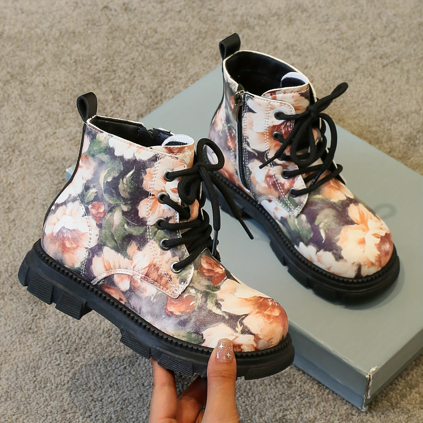 Girls Flower Print Lace Up Boots, Non Slip & Comfortable