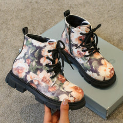 Girls Flower Print Lace Up Boots, Non Slip & Comfortable