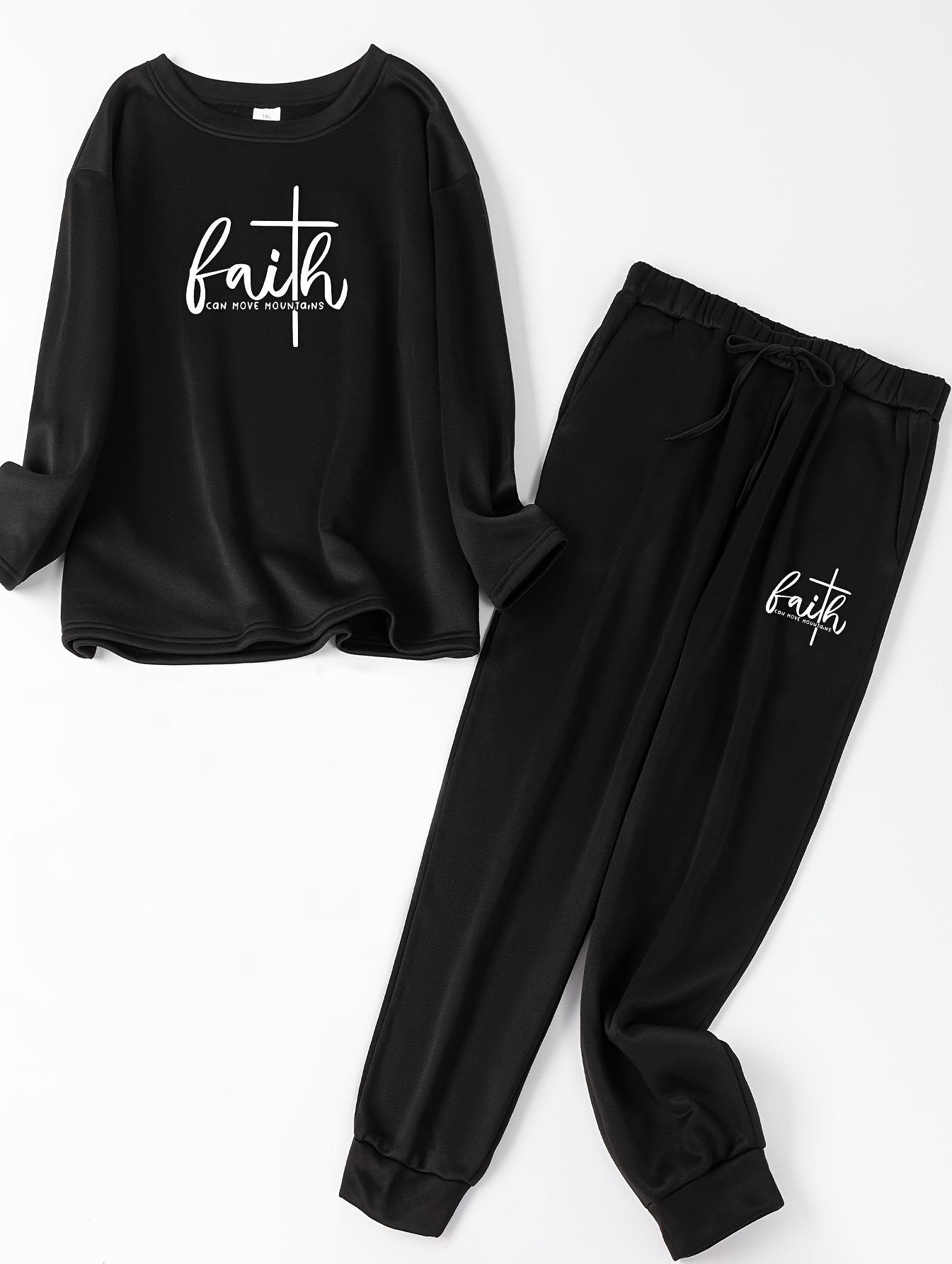  Cross Letter Print Lounge Set Long Sleeve Fleece Top & Joggers Pajamas