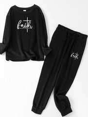  Cross Letter Print Lounge Set Long Sleeve Fleece Top & Joggers Pajamas
