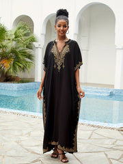  Boho Kaftan Dress Women's Plus Golden Embroidered Bat Sleeve