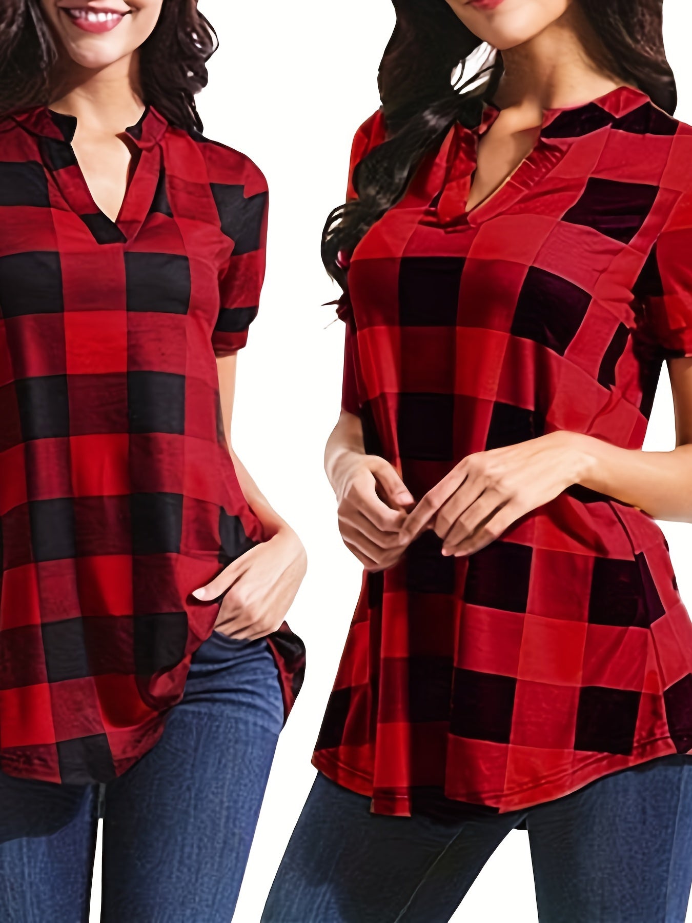  Gingham Print Short Sleeve Blouse Notched Neck Top