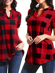  Gingham Print Short Sleeve Blouse Notched Neck Top