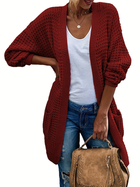  Solid Long Sleeve Open Front Cardigan With Pockets