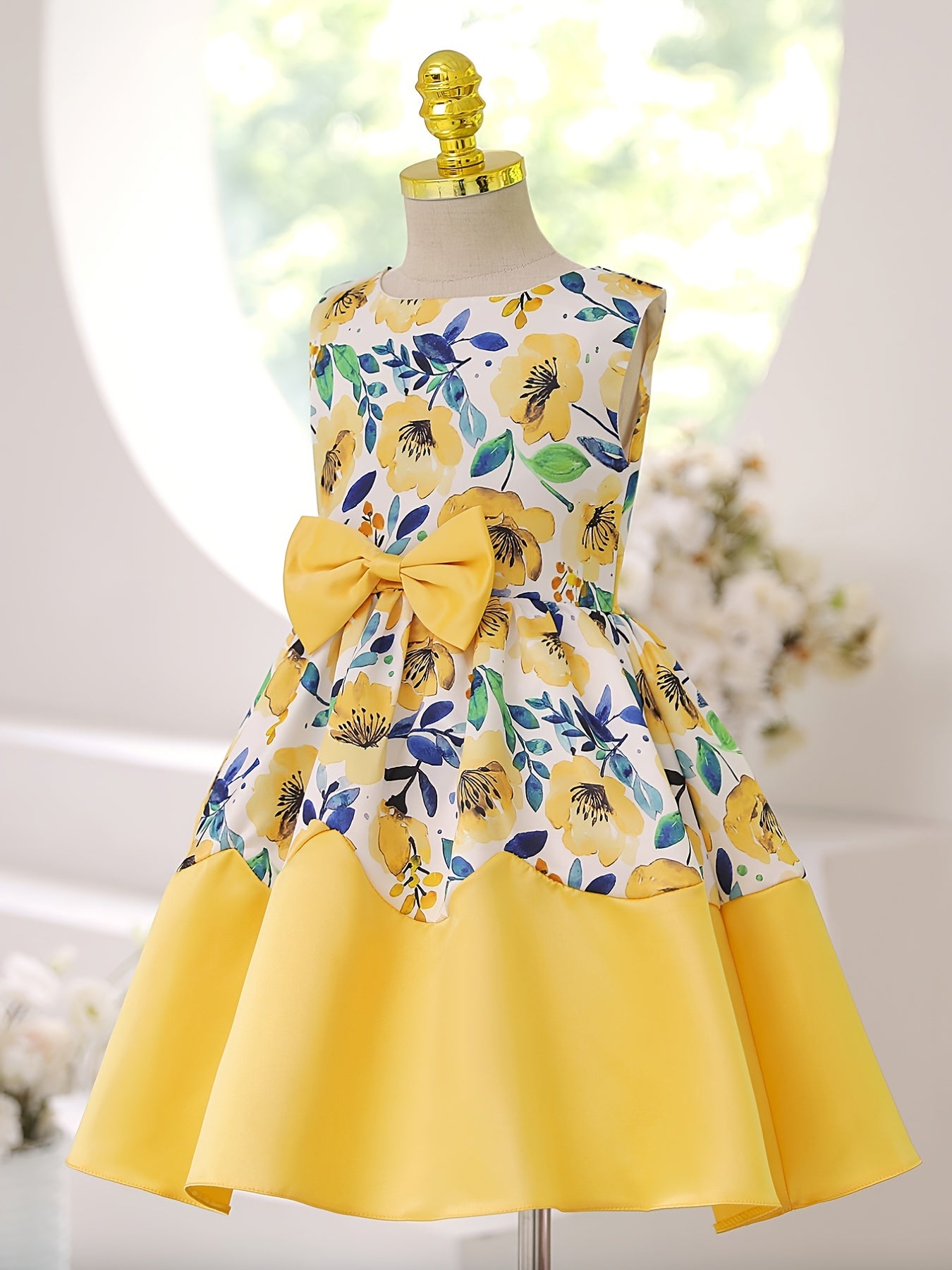 Girls Elegant Floral Print Sleeveless Dress with Bow
