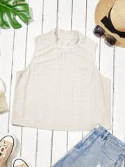  Solid Eyelet Embroidery Mock Neck Tank Top