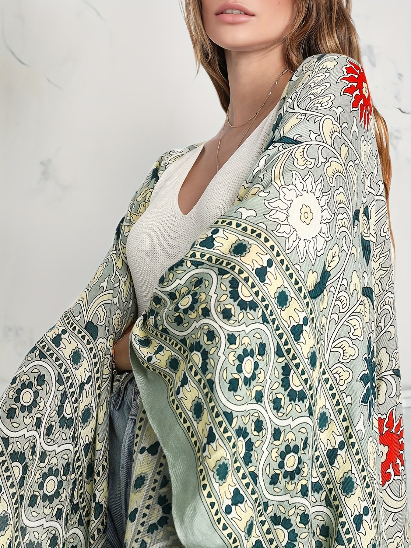  Boho Cover Up Women's Plus Scarf & Paisley Print Batwing Sleeve