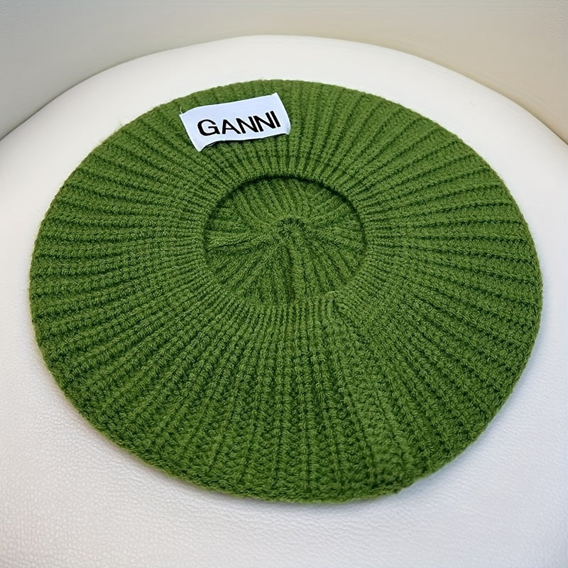 Green Knitted Beret Label Patch Beanie Casual British Style Artist Hat Warm
