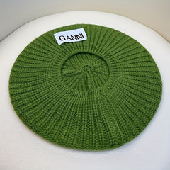 Green Knitted Beret Label Patch Beanie Casual British Style Artist Hat Warm