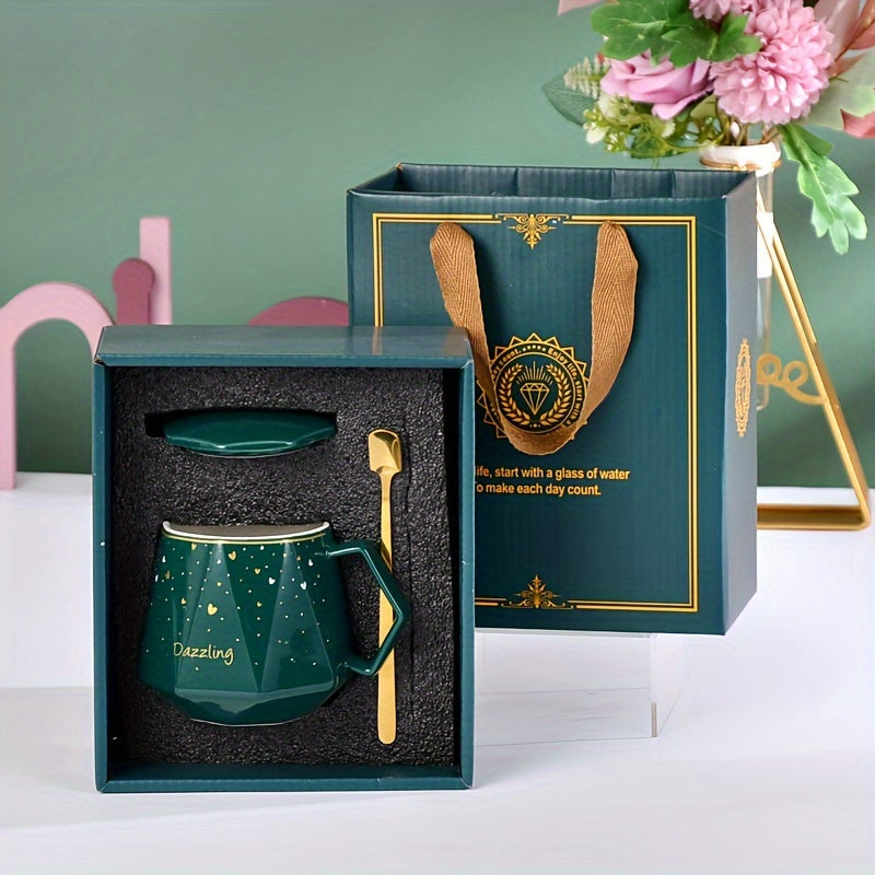 Ramadan Gift: 13oz Ceramic Cup With Spoon, Star & Moon Pattern