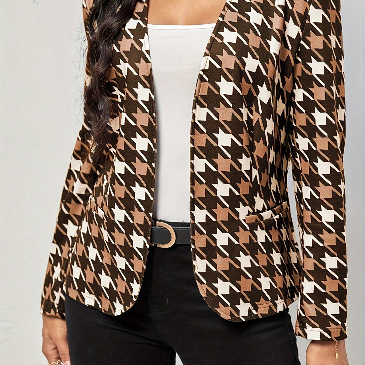  Houndstooth Print Open Front Blazer