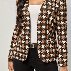  Houndstooth Print Open Front Blazer