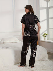Floral Satin Pajama Set Short Sleeve Top & Pants