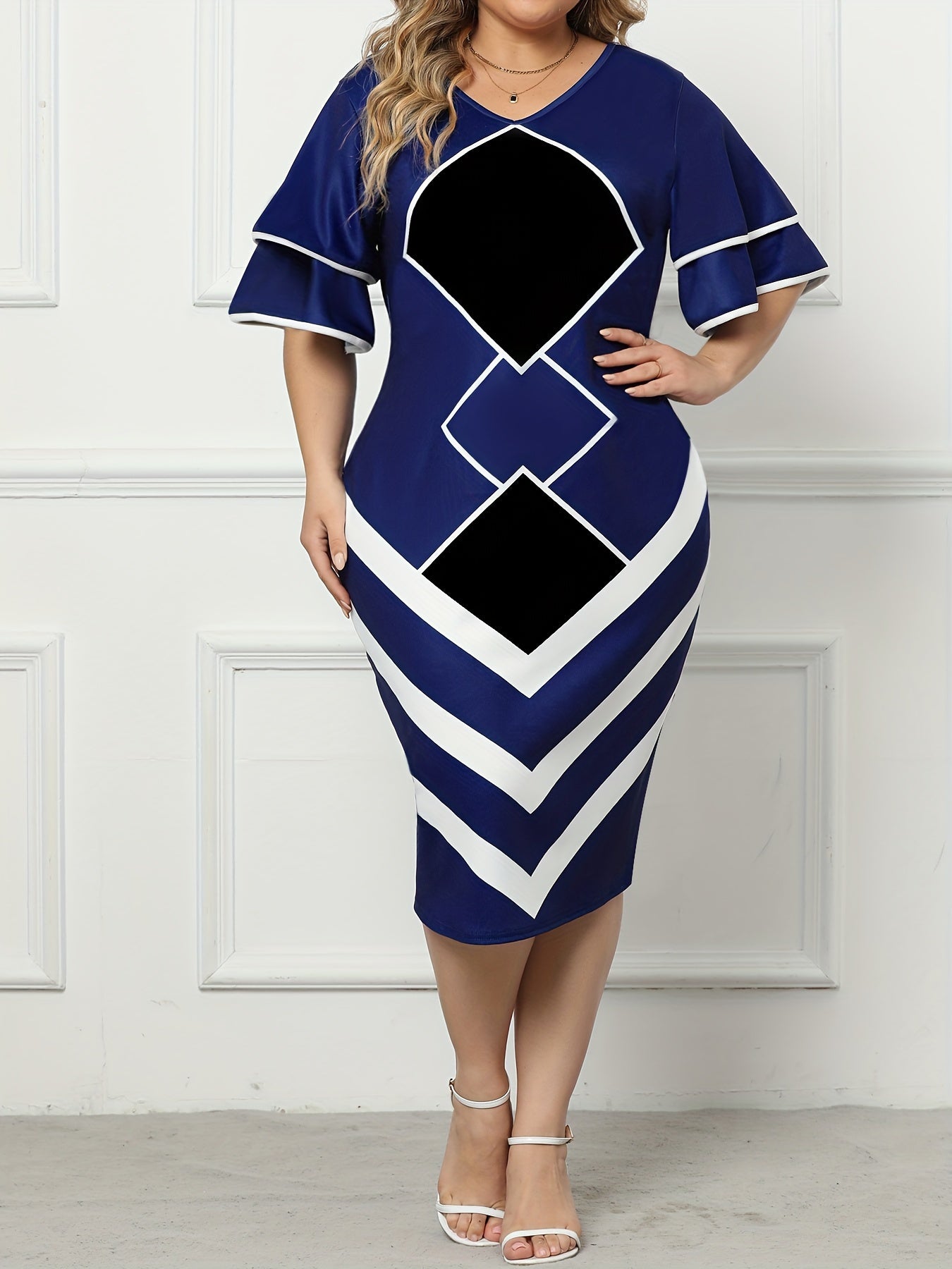  Colorblock Geometric Midi Dress V Neck Slim Fit