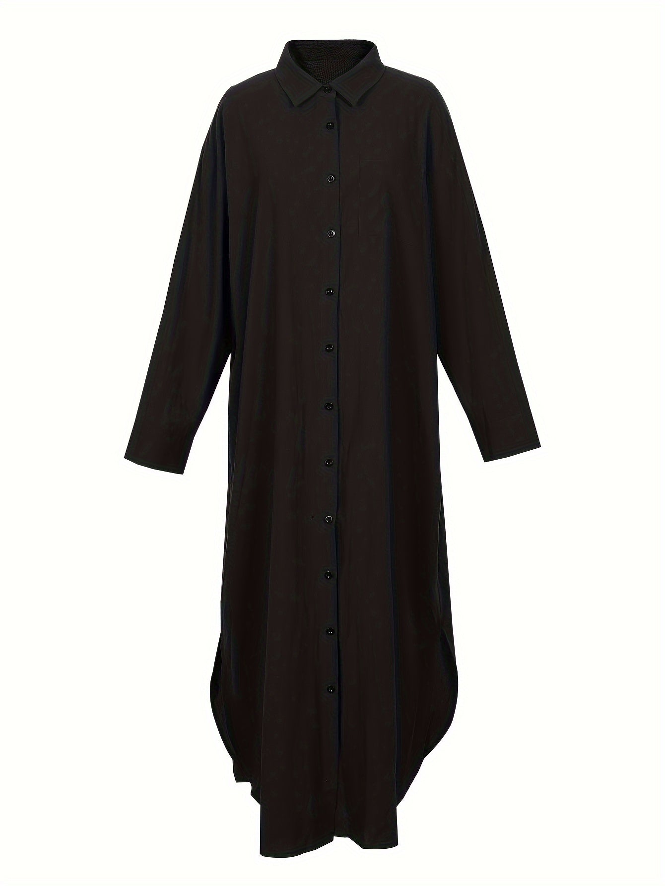  Solid Button Up Long Sleeve Maxi Shirt Dress