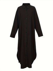  Solid Button Up Long Sleeve Maxi Shirt Dress