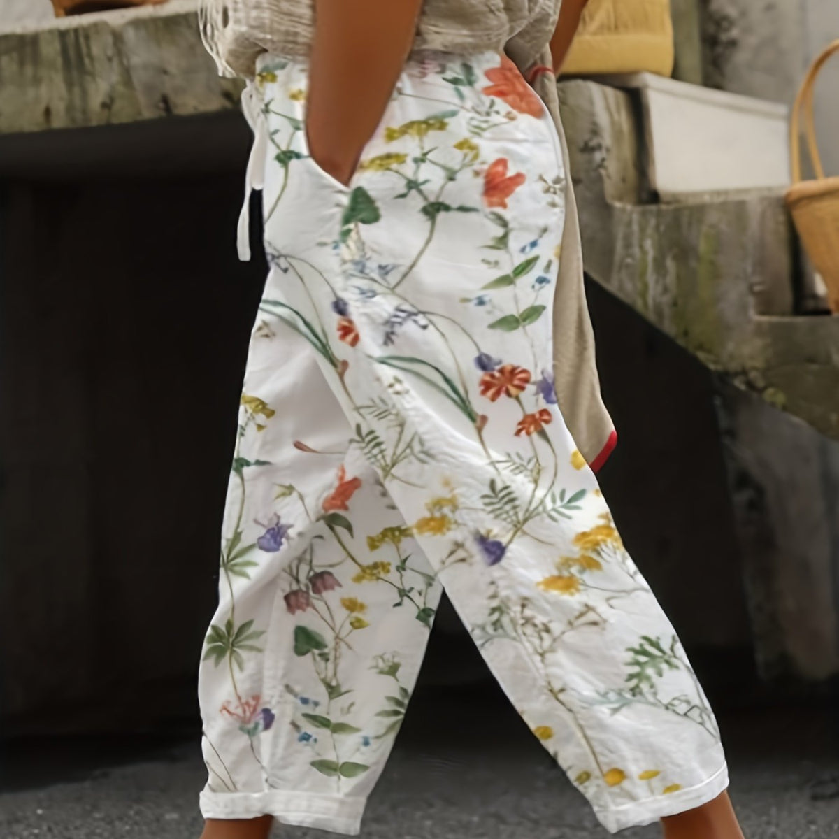 Women's Plus Floral Print High Rise Drawstring Loose Pants