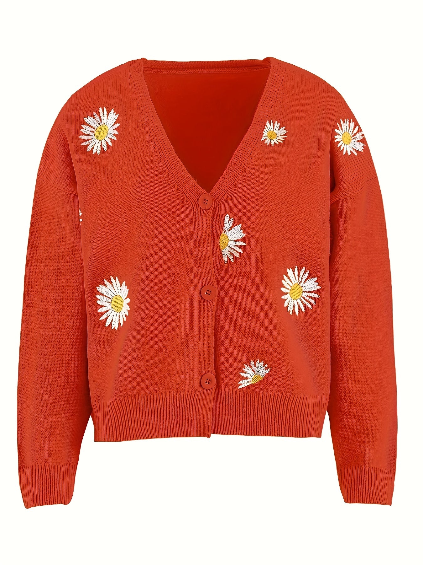 Daisy Pattern Embroidered Knitted Cardigan Sweater for Women
