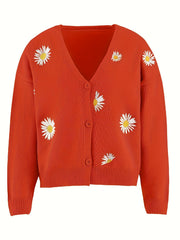 Daisy Pattern Embroidered Knitted Cardigan Sweater for Women