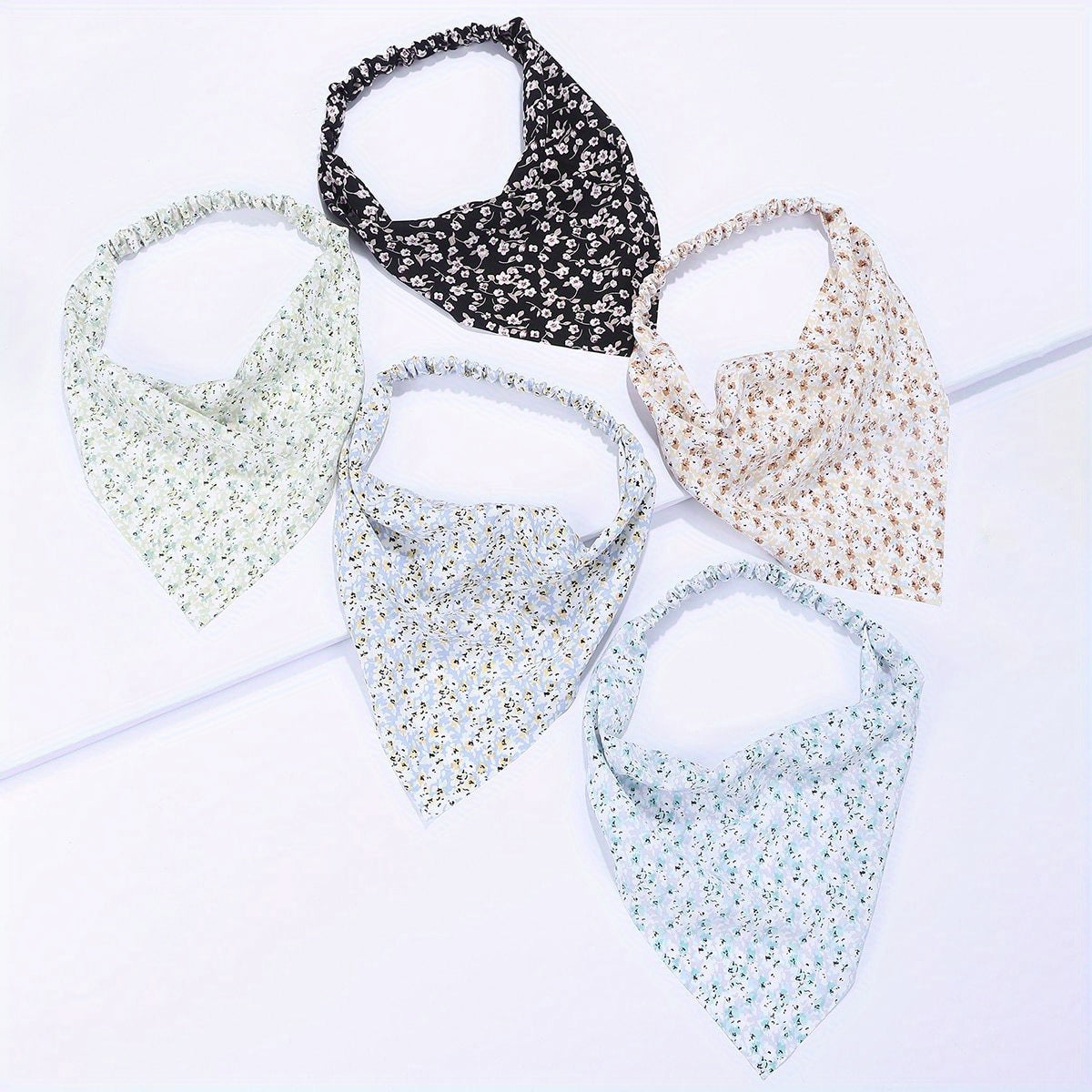 5pcs Floral Print Triangle Scarf Headband Elastic Turban Boho Bandana
