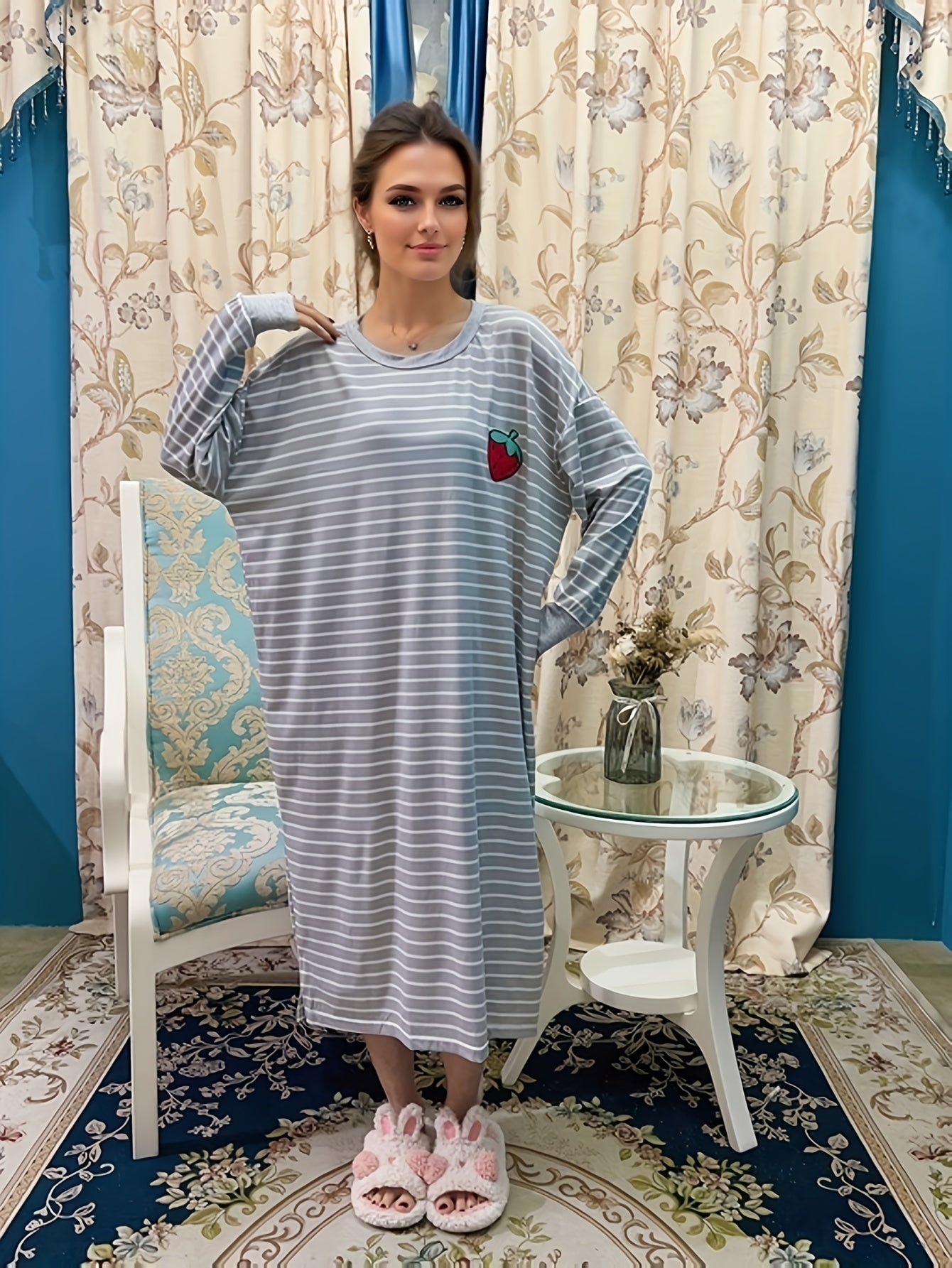 Strawberry Print Long Sleeve Lounge Dress