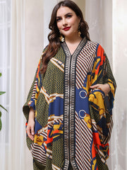  Geometric Print Bat Sleeve V Neck Maxi Dress