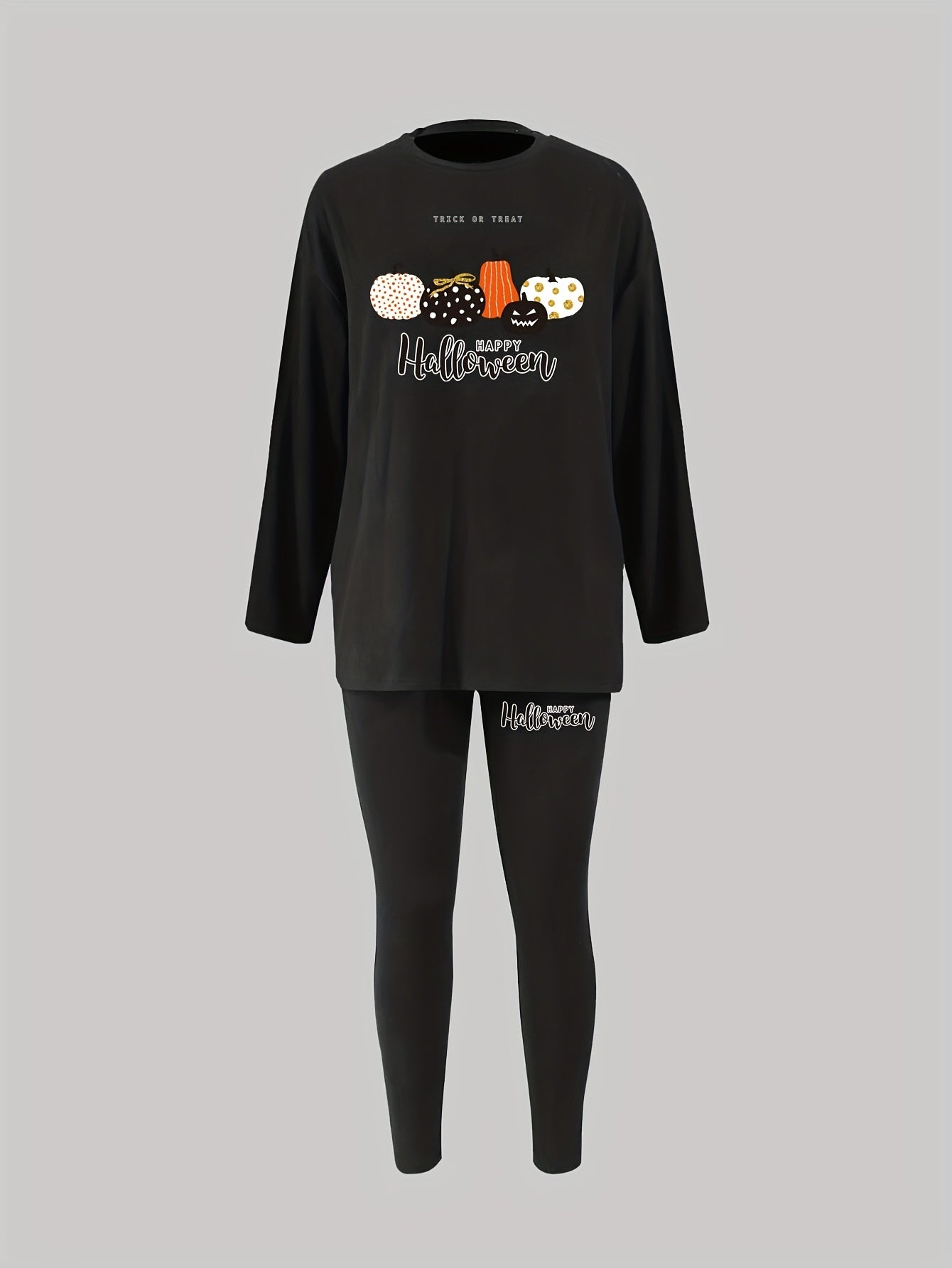  Halloween Pajama Set Women's Pumpkin Print Tee & Leggings Loungewear