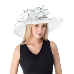 Women's Wide Brim Fedora Cap Mesh Sun Hat Leaf Flower Bridal Wedding Hat