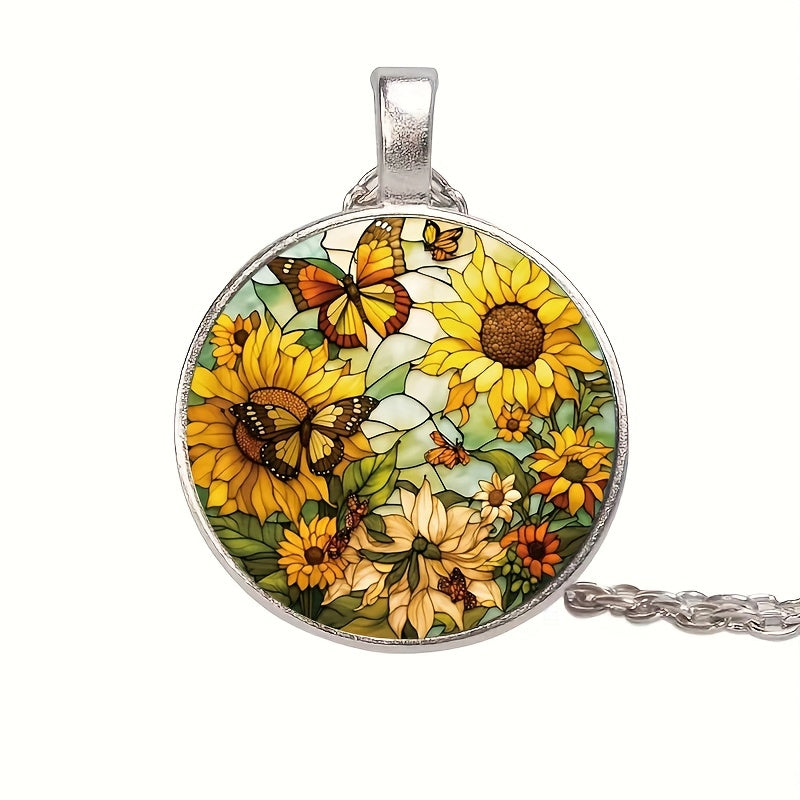 Round Butterfly Sunflower Crystal Pendant Necklace for Men and Women