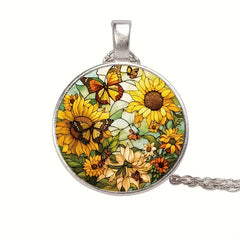 Round Butterfly Sunflower Crystal Pendant Necklace for Men and Women