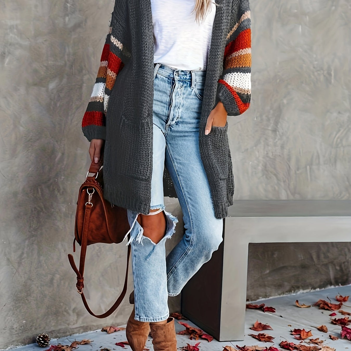 Stripe Print Lantern Sleeve Cardigan
