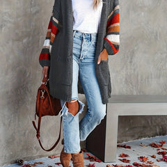  Stripe Print Lantern Sleeve Cardigan